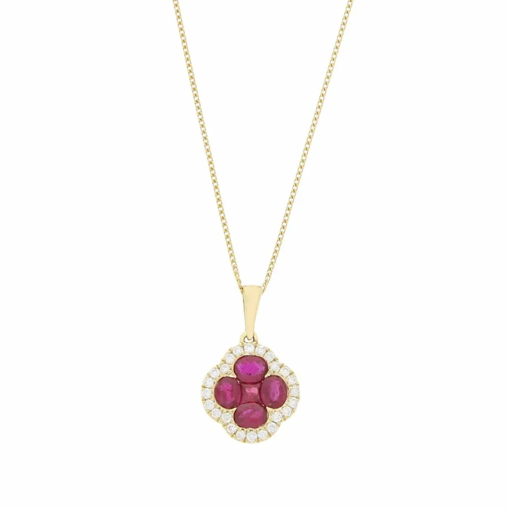 18ct Yellow Gold Ruby and Diamond Cluster Pendant and Chain
