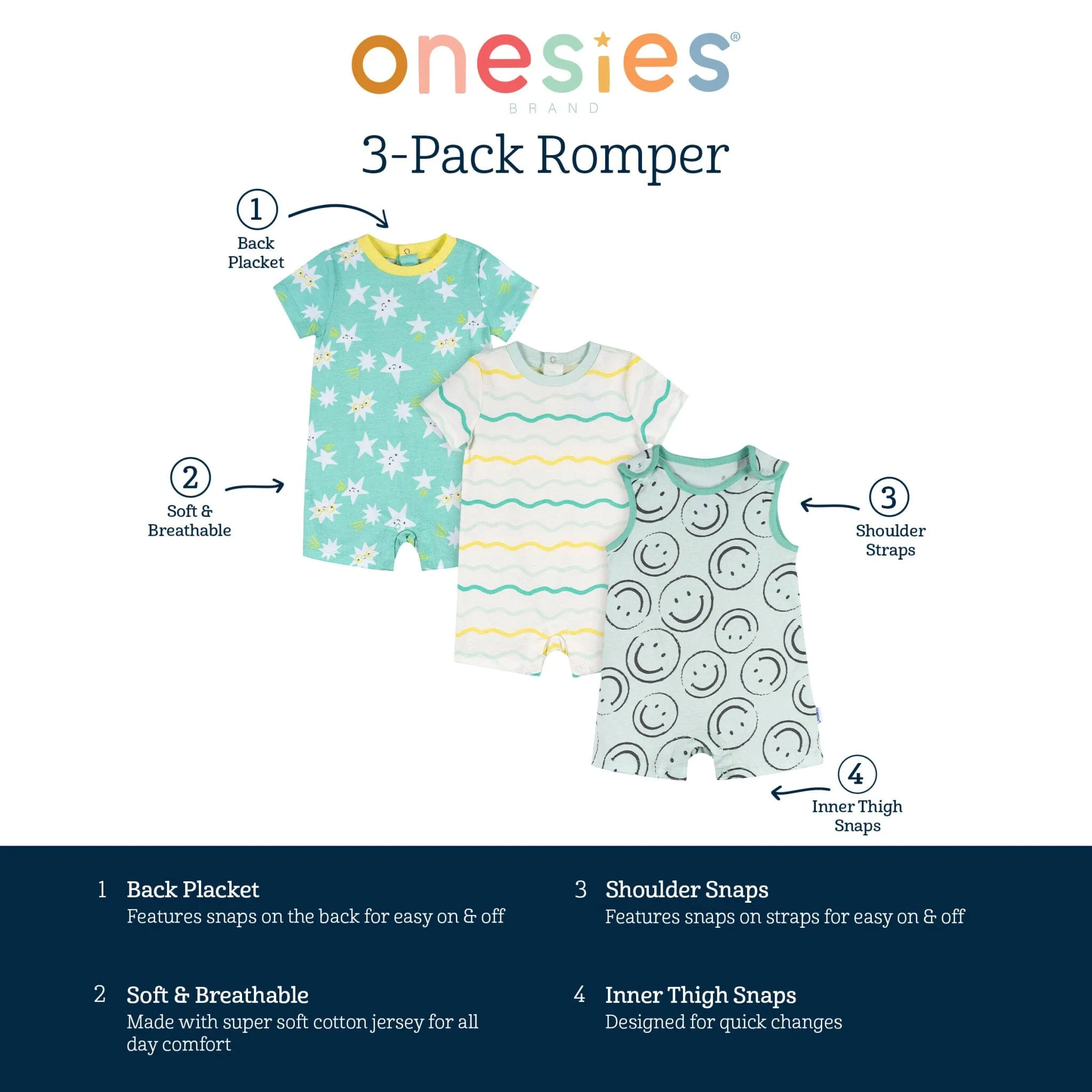 3-Pack Baby Neutral Smiles Rompers Gerber Childrenswea
