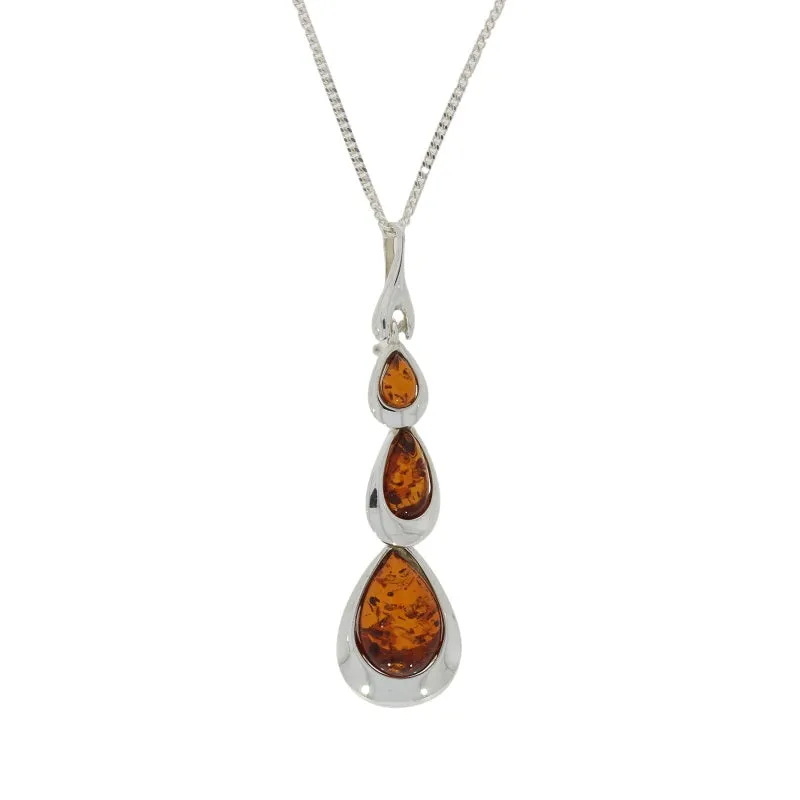 Amber Sterling Silver Triple Drop Pendant & Chain