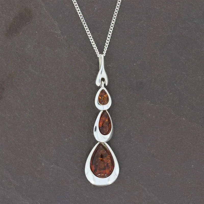 Amber Sterling Silver Triple Drop Pendant & Chain