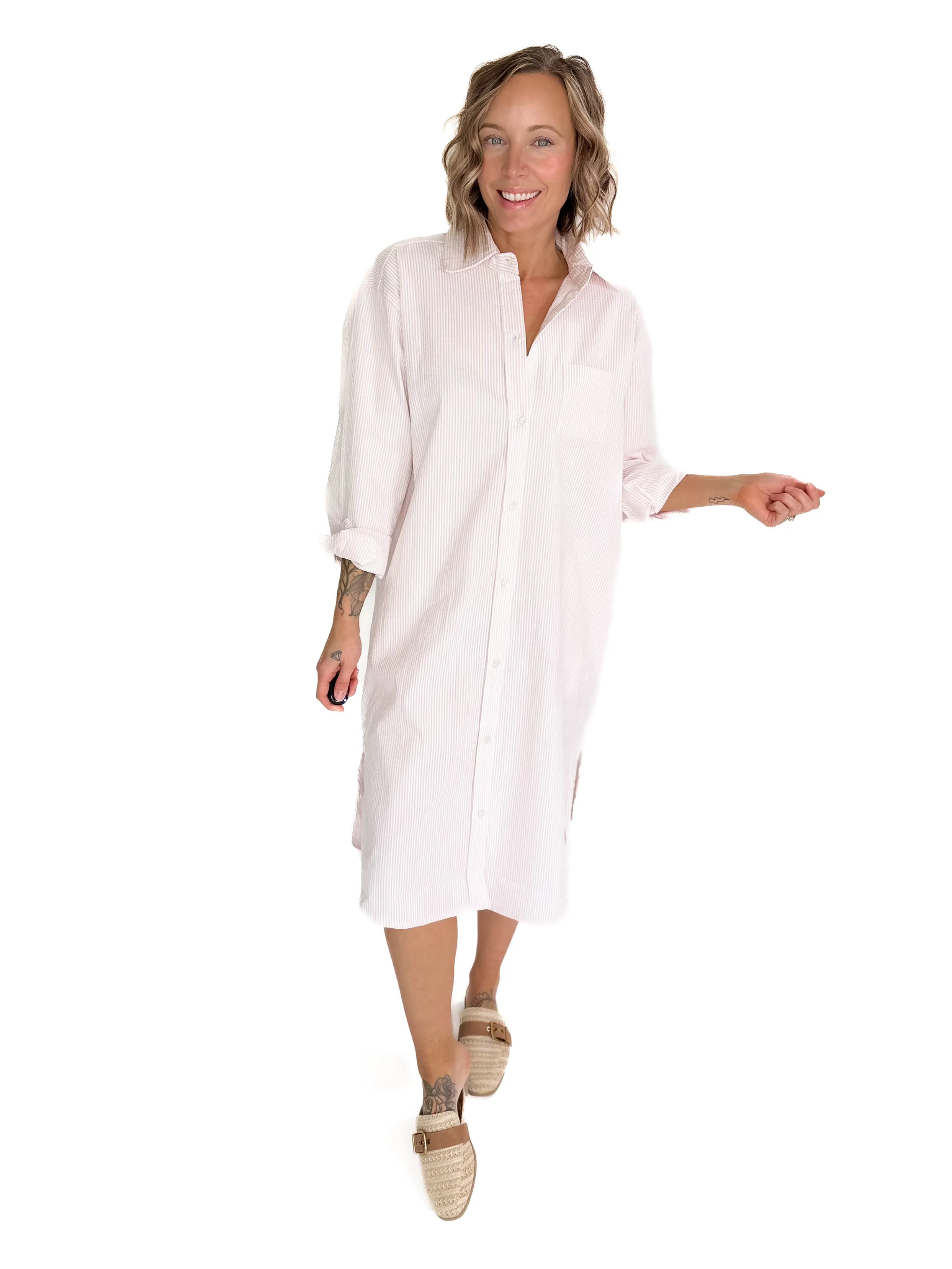 Corsica Button Down Seer Sucker Dress- LIGHT PINK