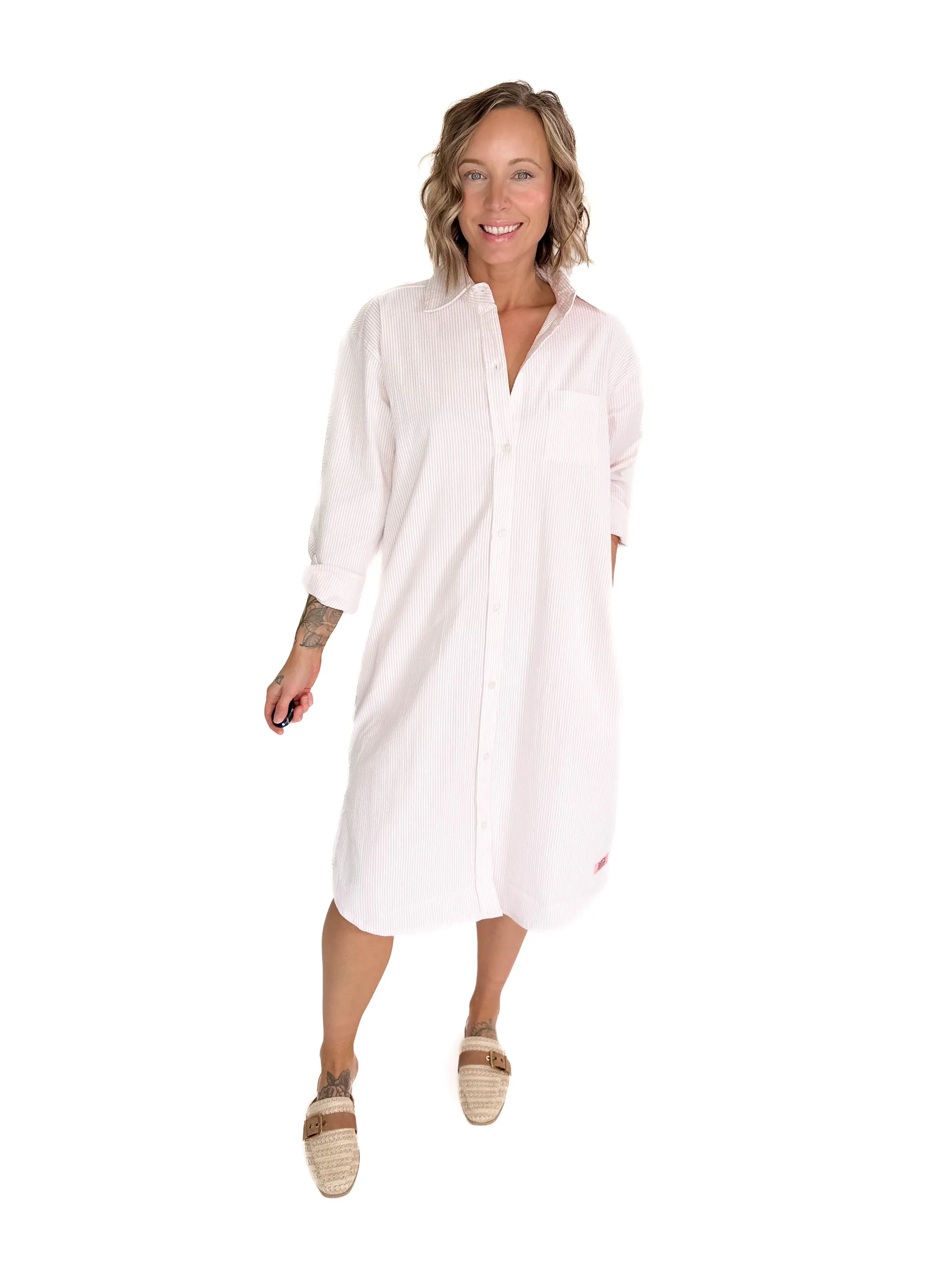 Corsica Button Down Seer Sucker Dress- LIGHT PINK