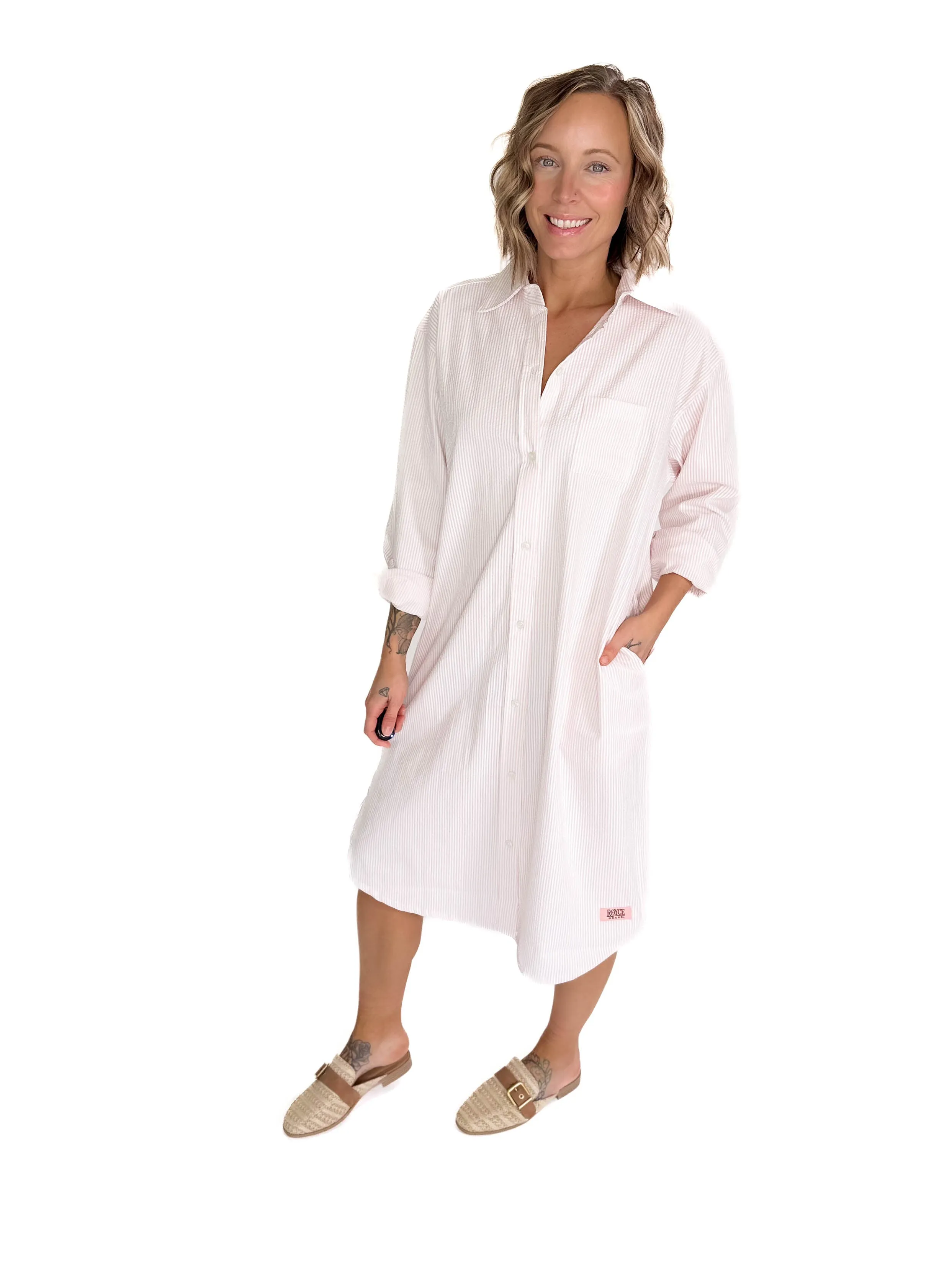 Corsica Button Down Seer Sucker Dress- LIGHT PINK