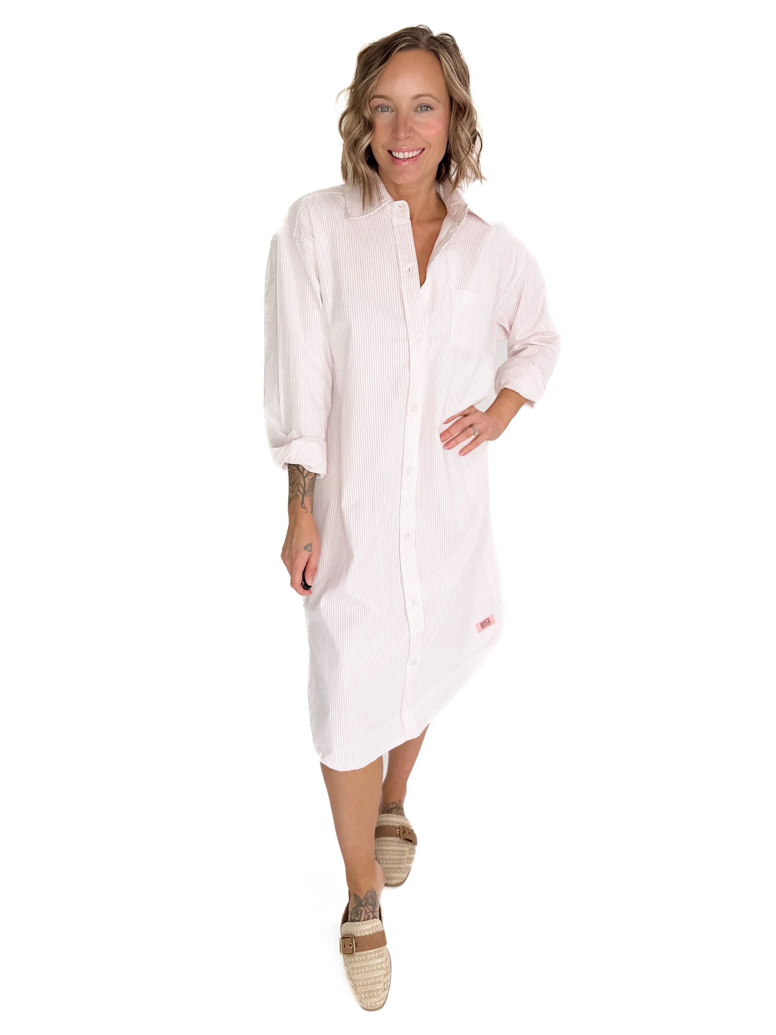 Corsica Button Down Seer Sucker Dress- LIGHT PINK