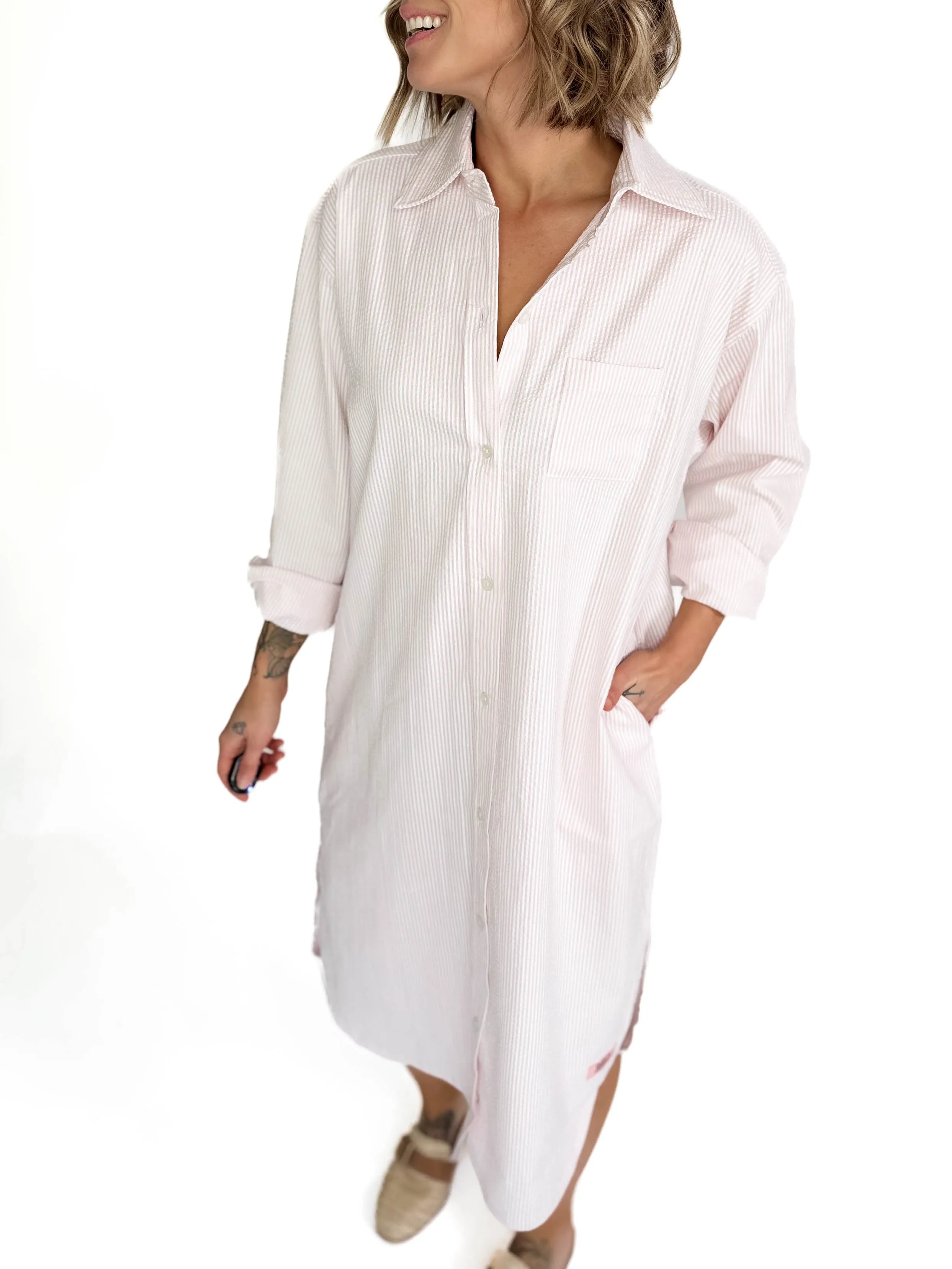 Corsica Button Down Seer Sucker Dress- LIGHT PINK
