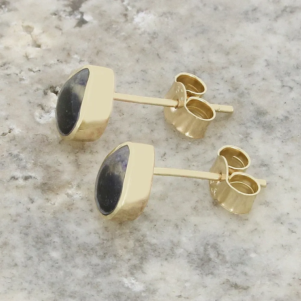 Derbyshire Blue John 9ct Yellow Gold Pear Shape Stud Earrings