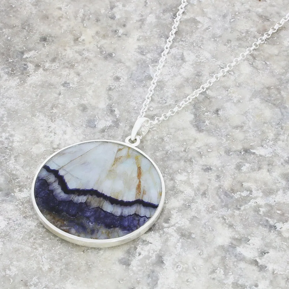 Derbyshire Blue John Silver Tree of Life Large Round Pendant And Chain