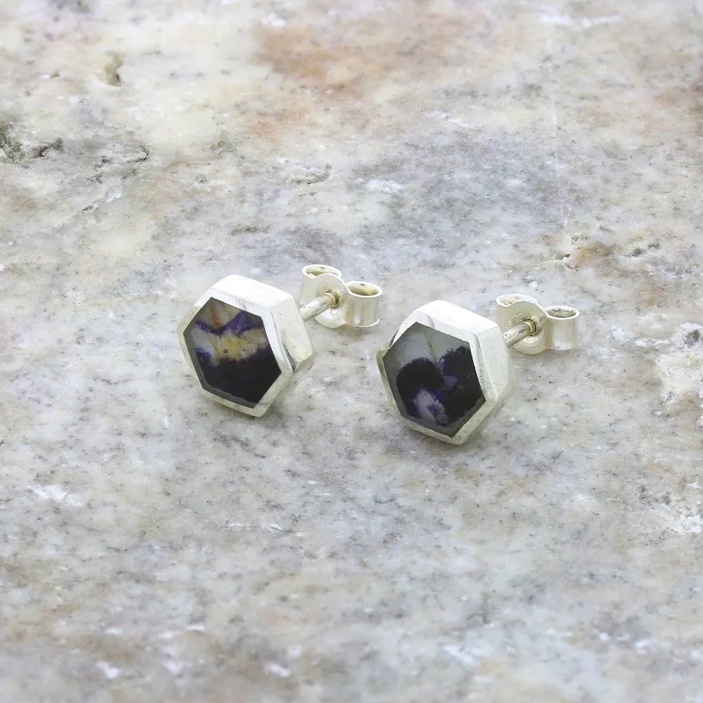 Derbyshire Blue John Sterling Silver Small Hexagonal Stud Earrings