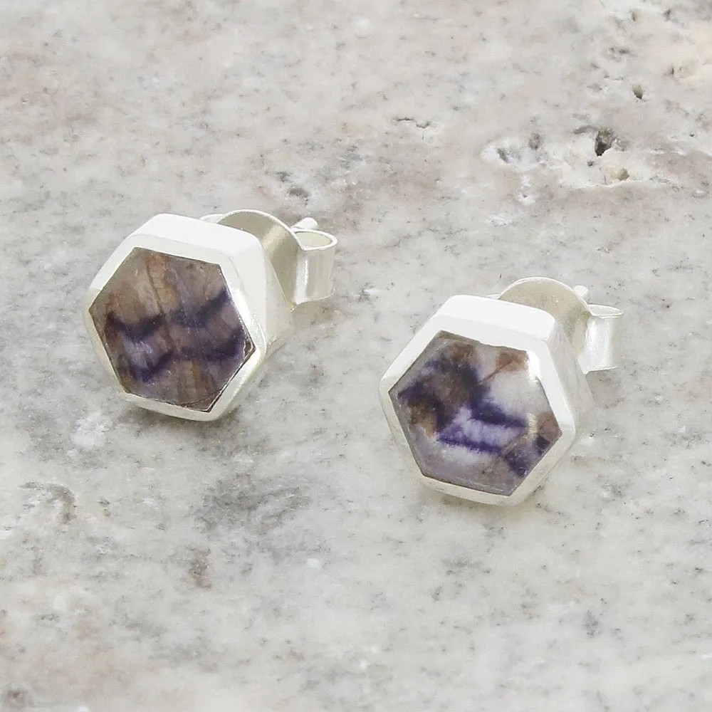 Derbyshire Blue John Sterling Silver Small Hexagonal Stud Earrings