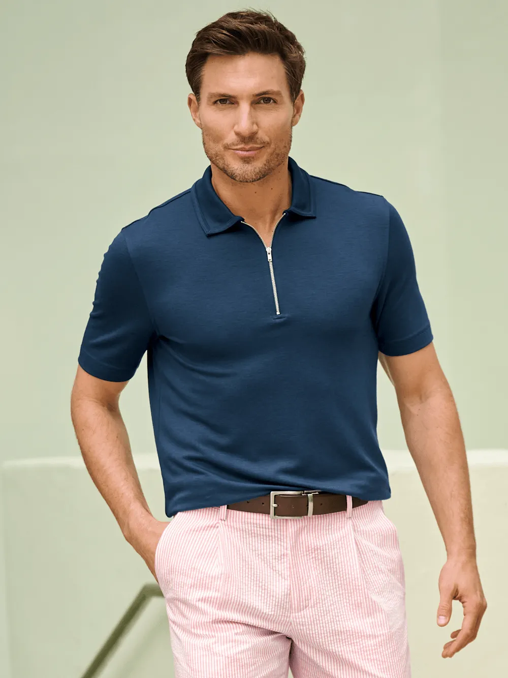 Lyocell Blend Quarter Zip Polo - Navy