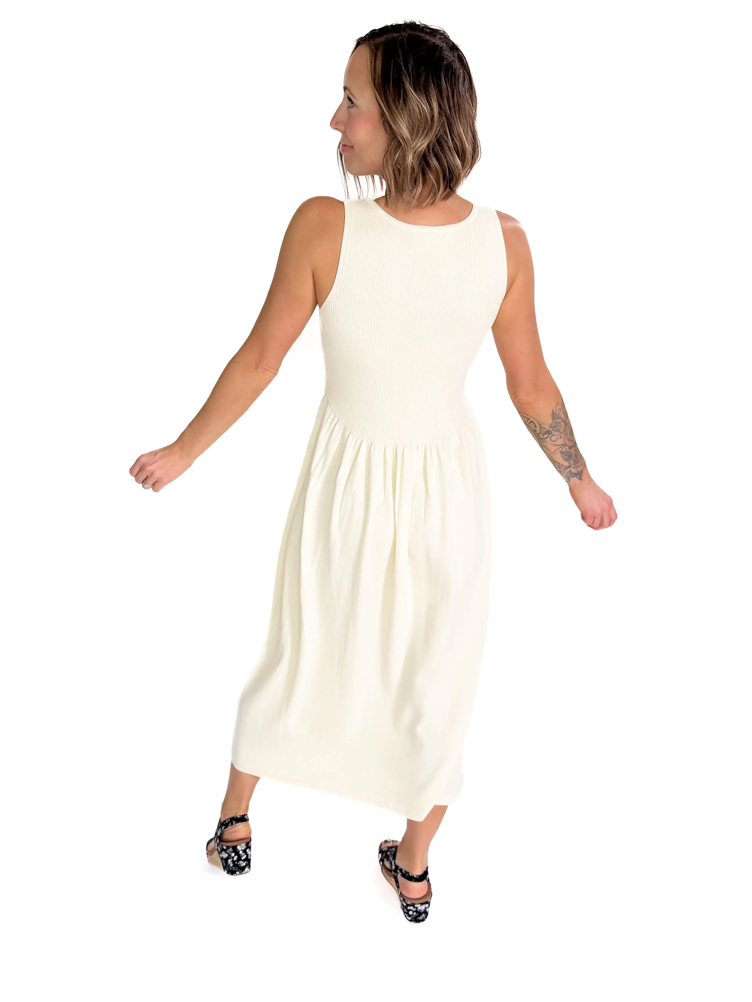 Sabina Henley Midi Knit Dress- WHITE PEACH