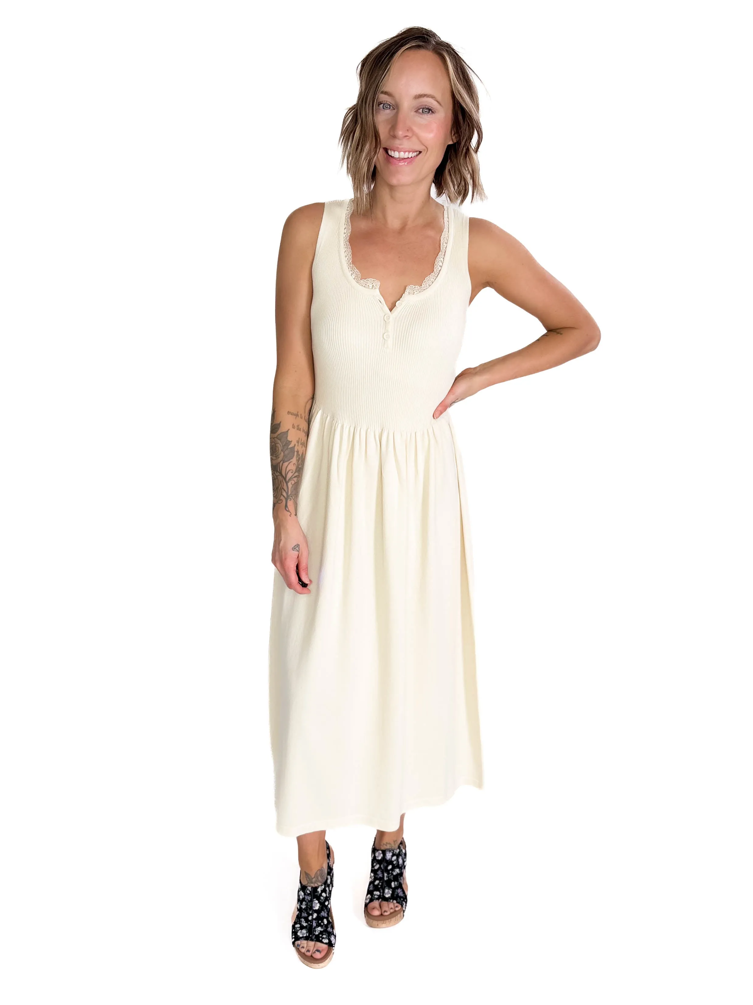 Sabina Henley Midi Knit Dress- WHITE PEACH