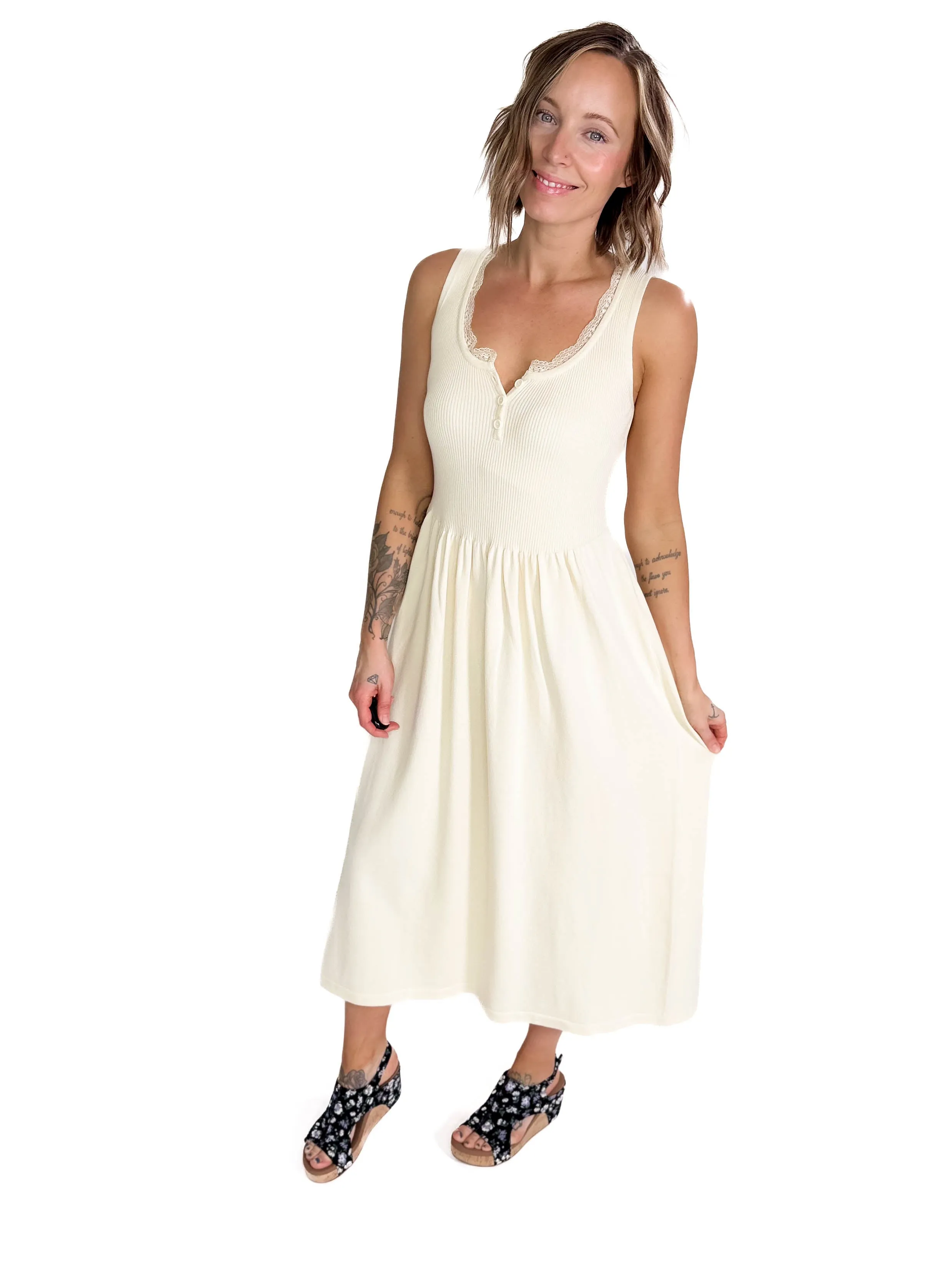 Sabina Henley Midi Knit Dress- WHITE PEACH