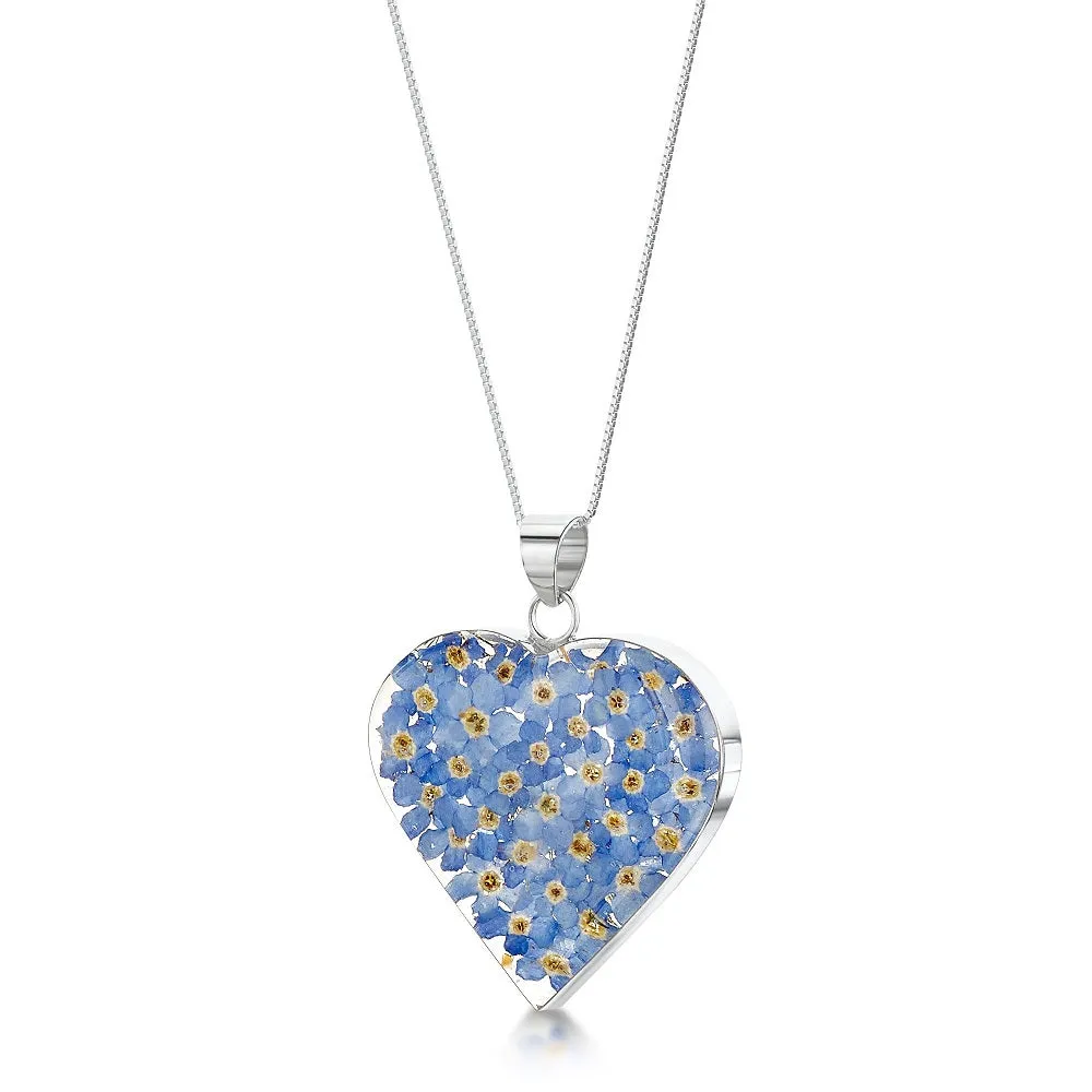 Shrieking Violet Real Flower Forget Me Not Heart Silver Pendant FP14