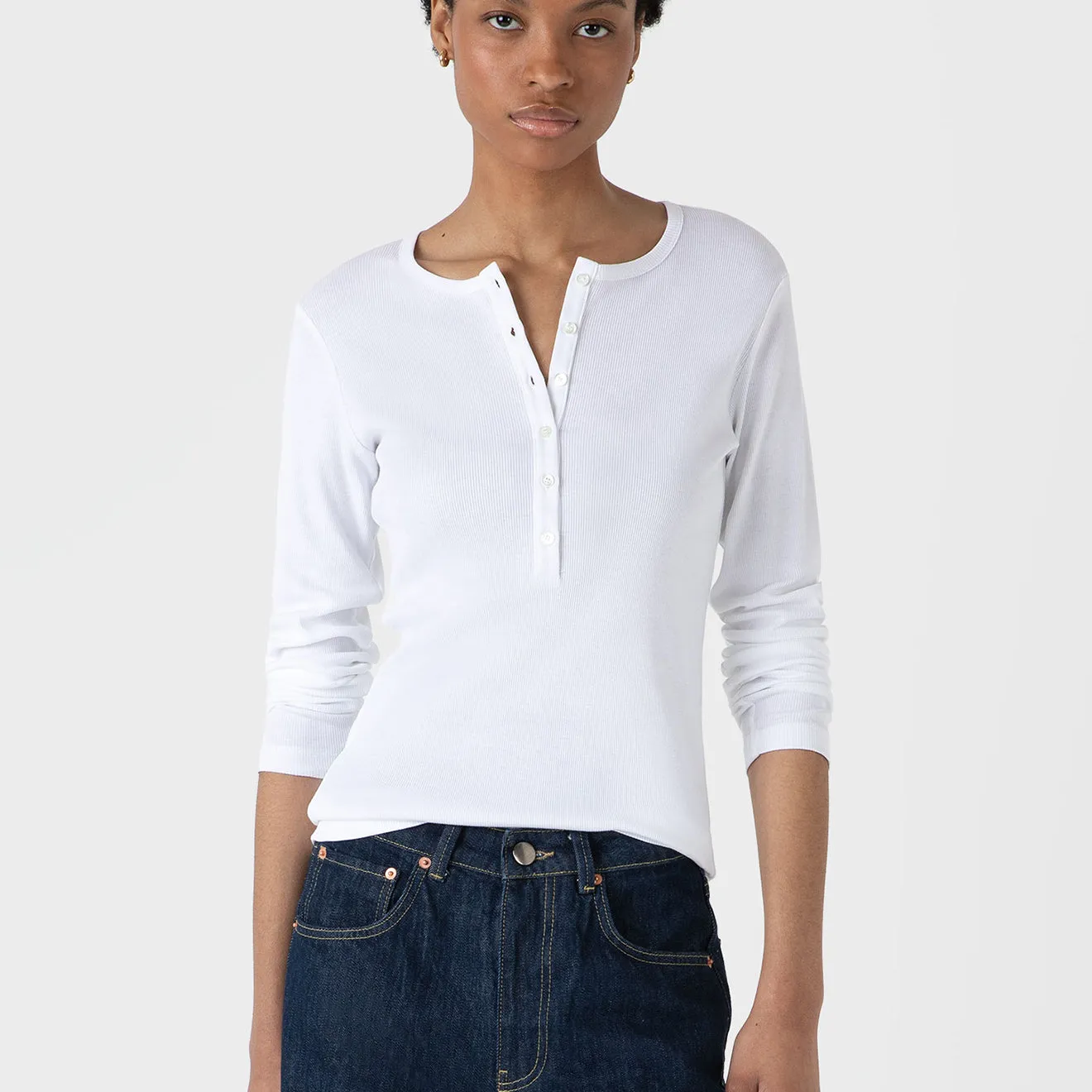 Sunspel Womens Rib Henley White
