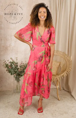 THE HARMONY FLUTTER SLEEVE MAXI WRAP DRESS (PINK FLORAL) CURVE