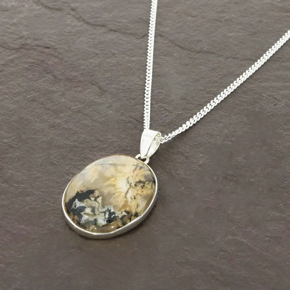 Tiger Agate Sterling Silver Oval Pendant and Chain