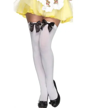 White Opaque Thigh High Stockings with Black Satin Bows